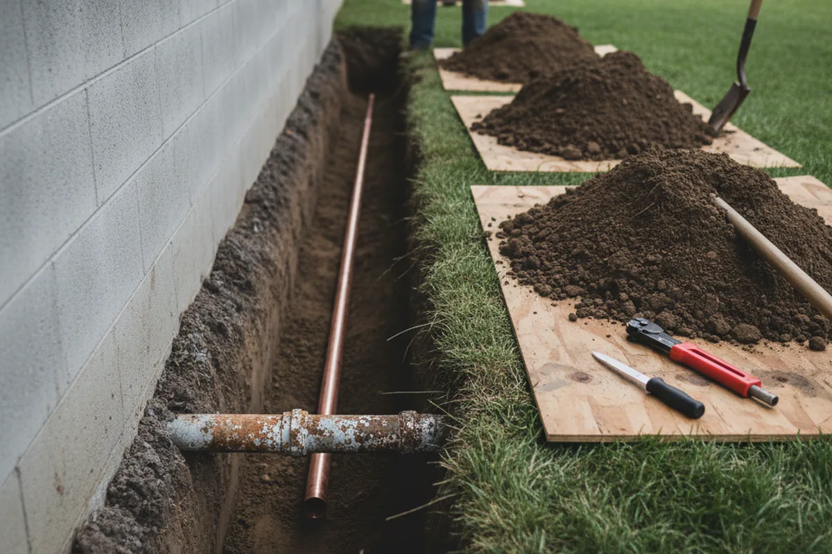 Excavated water line trench during Sewer Line Repair in Manahawkin